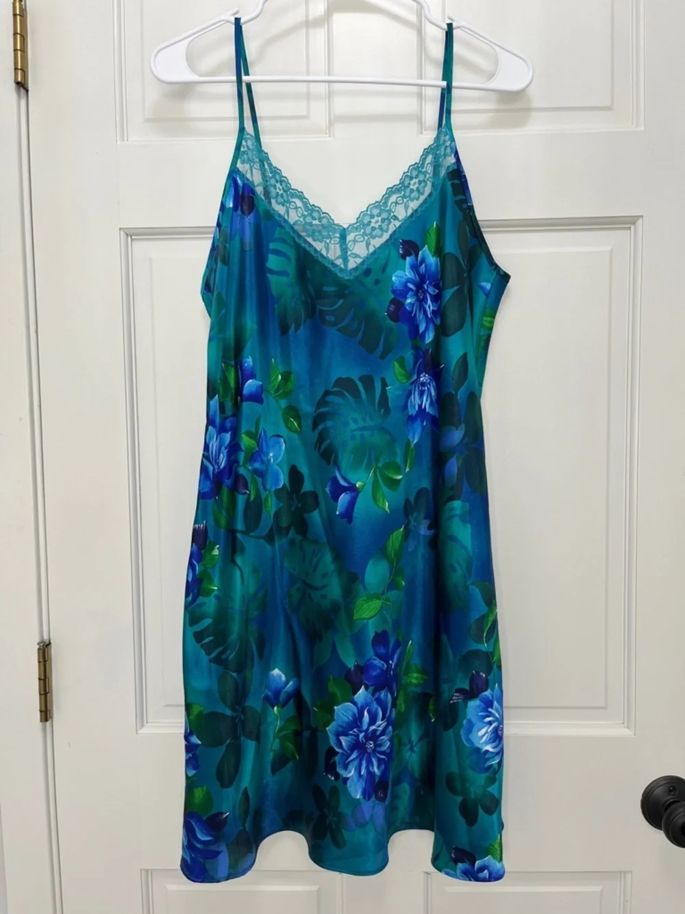 Y2K Tropical Floral & Monstera Leaf Print Satin Slip Dress - Size Large